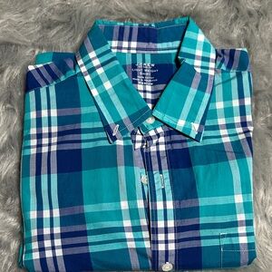 J. Crew Men's Teal and Navy Plaid Shirt